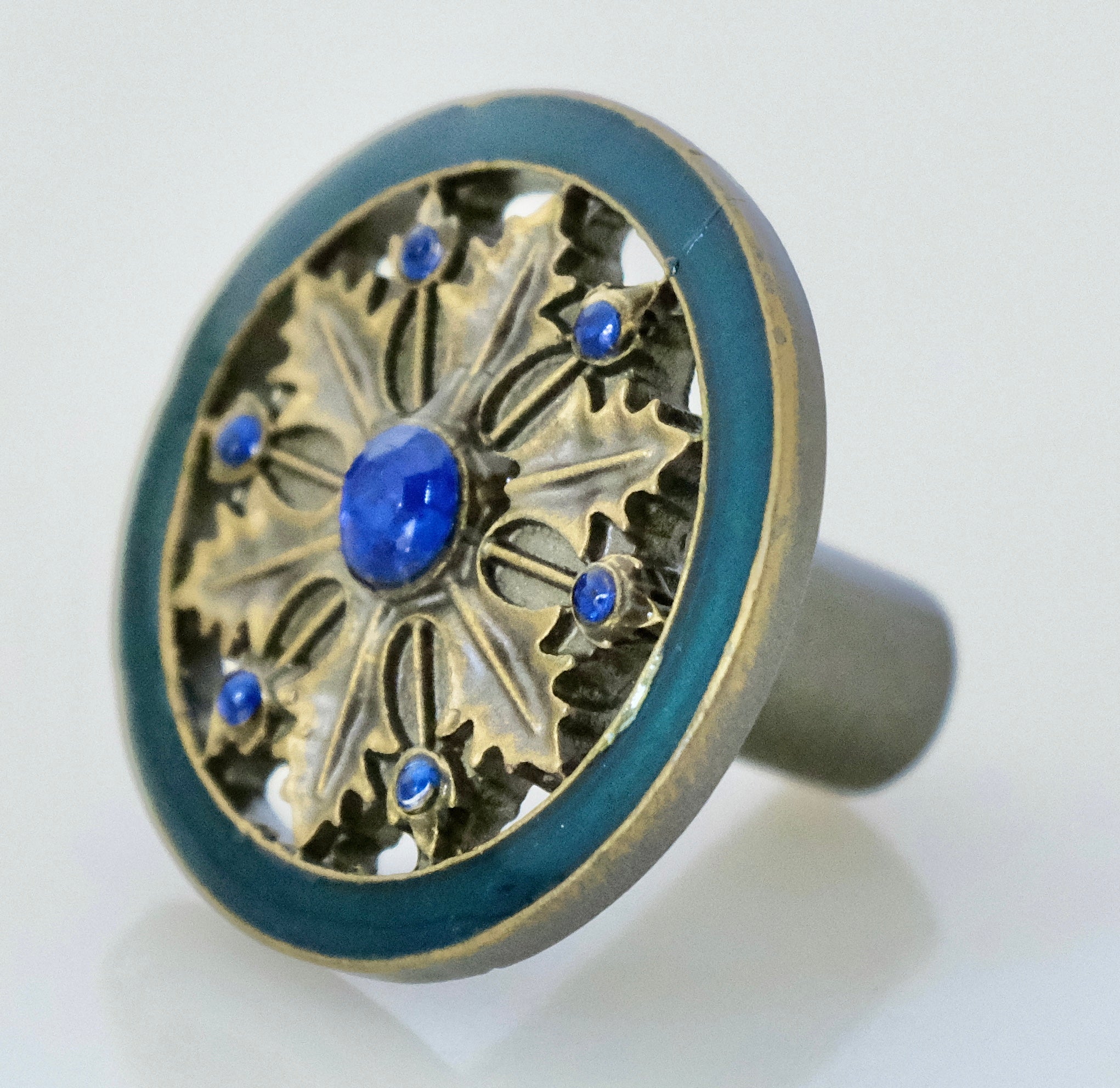 Cloisonné Jewel Knob - Gold and Blue Wheel