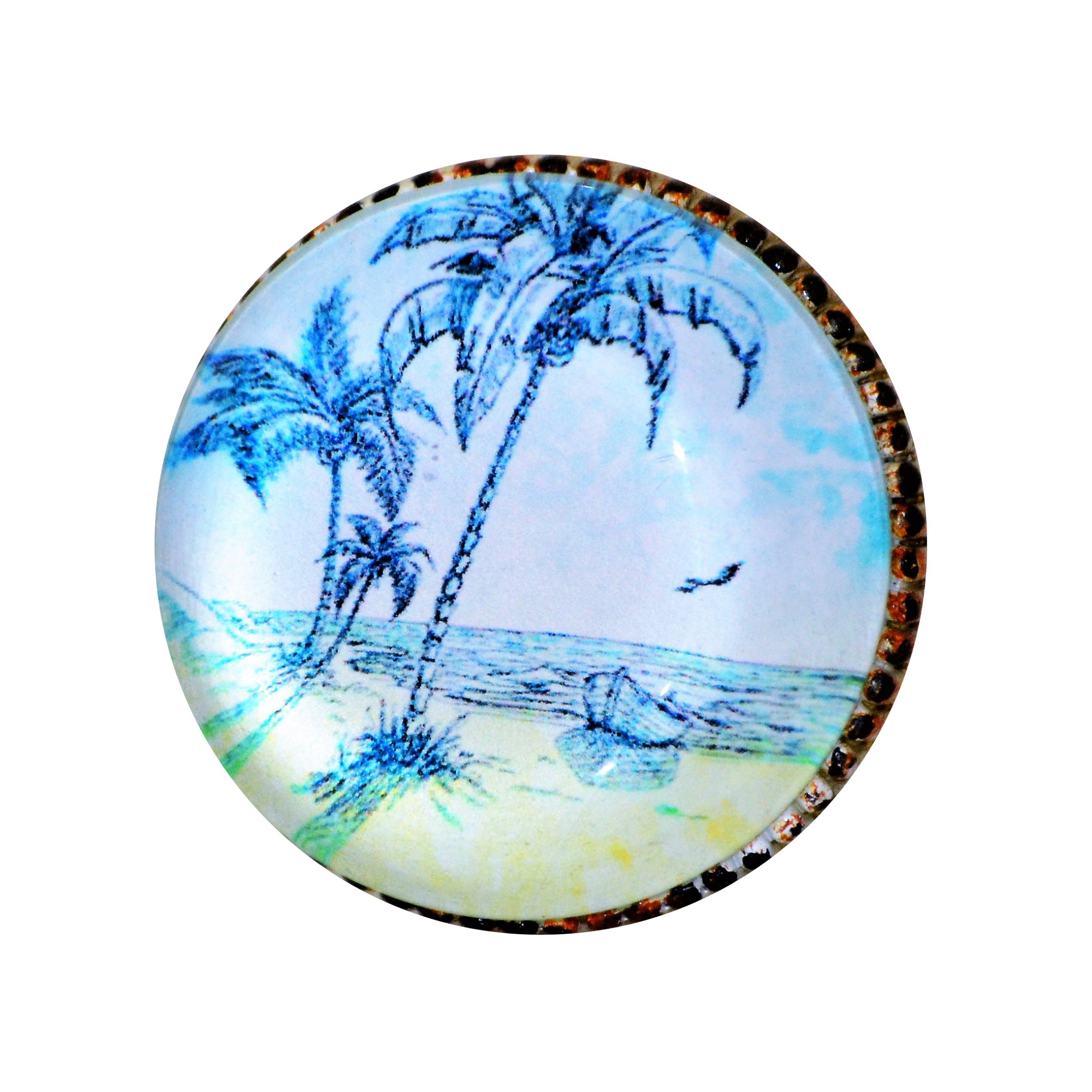 Retro Whitewashed Metal Knob – Serene Beach Scene