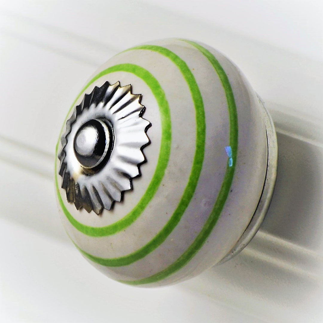 Ceramic Striped Knob – Green on White