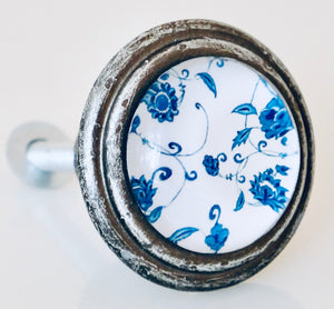 Burnished Silver Knob – Blue and White Floral