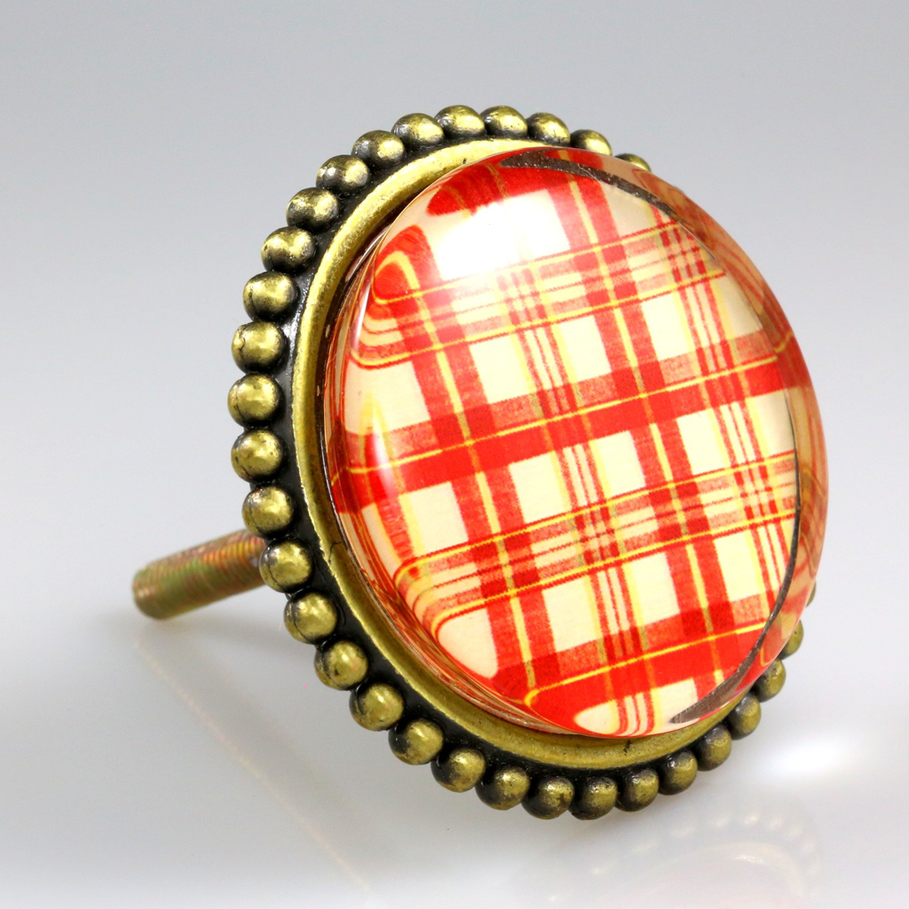 Premiere Class Brass with Glass Inlay Knobs - Red Gingham