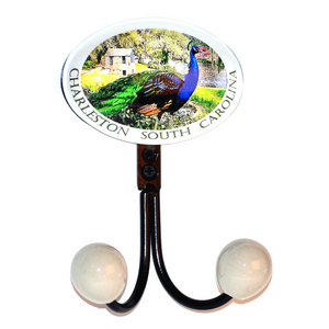 Pewter double hook with glass inlay of Charleston peacock artwork