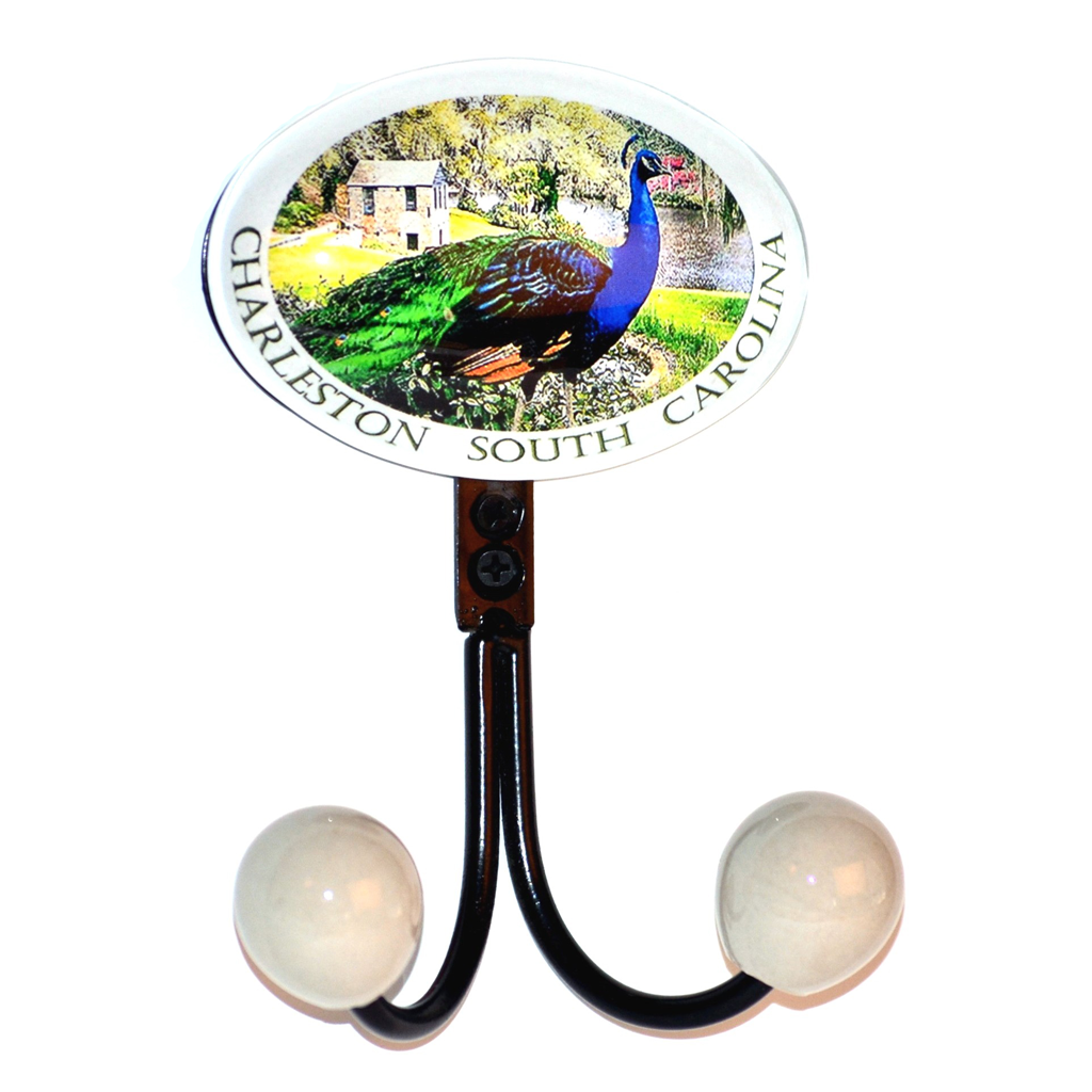 Pewter double hook with glass inlay of Charleston peacock artwork