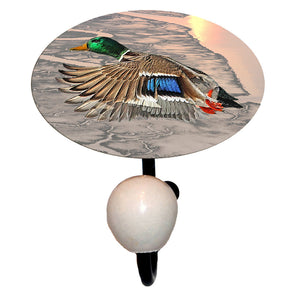 handy pewter and glass hook featuring flying mallard duck artwork